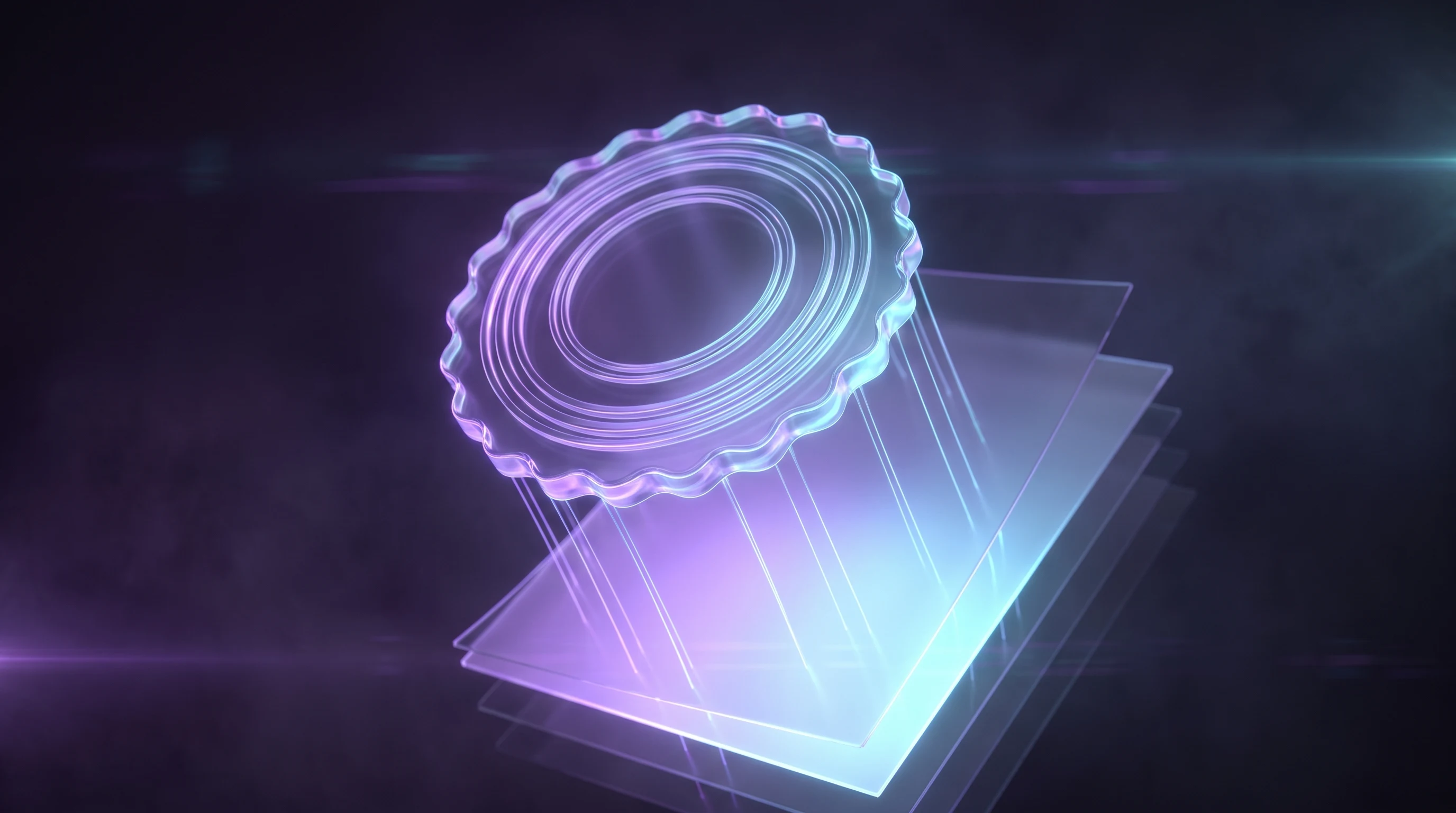 A glass certification seal above a stack of layered document versions, one lit brighter than the rest